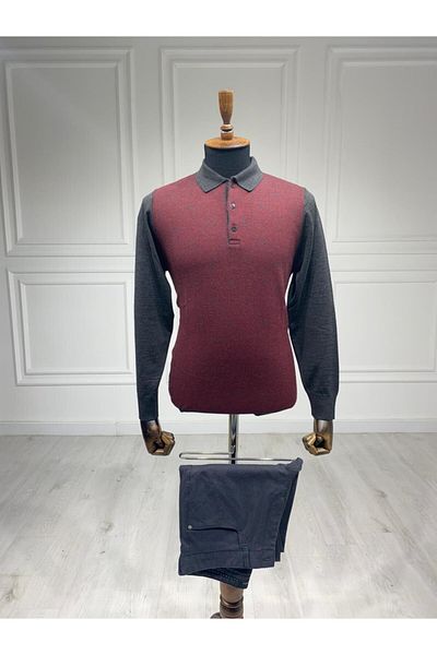 CCS Sarar Polo Collar Patterned Anthracite Knitwear Sweater