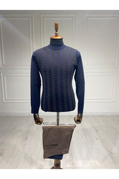 CCS Sarar Half Fisherman Patterned Navy Blue Knitwear Sweater