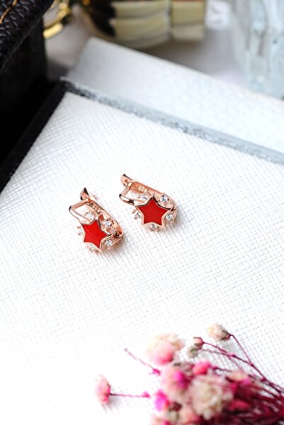 ENCİLİ SİLVER 925 Ayar Gümüş Taşlı Kırmızı Yıldız Model Çocuk J Küpe