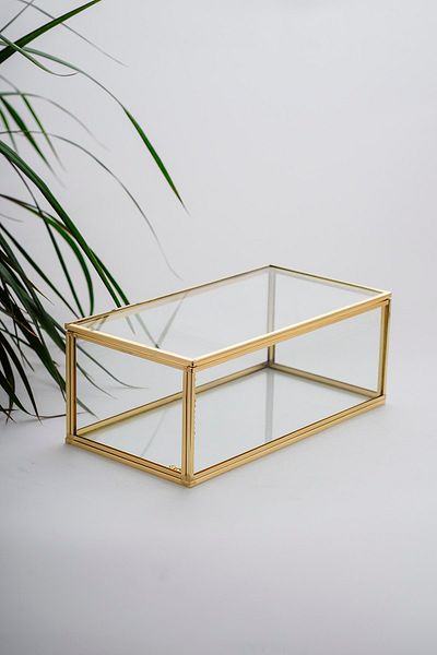 El Crea Designs 23x12x8cm Brass Gold Brass Glass Box with Lid Jewelry Accessory Ring Organizer Wedding Engagement Promise