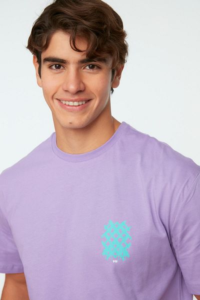 Trendyol Collection Bavlněné tričko s geometrickým potiskem Lilac Oversize - Krátký rukáv TMNSS20TS1036