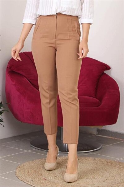 Neşeli Butik بنطلون مكتب نسائي من الليكرا مزين بجيب مزخرف للموسم الجديد Qns020