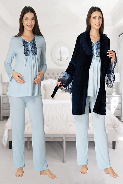 Effort Pijama Women's Navy Blue Velvet Maternity Pajamas Set with Dressing Gown 8088