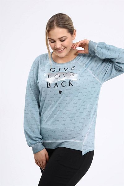 Seamoda Love Printed Raglan Sleeve Oil Wash Sweat - Light Blue