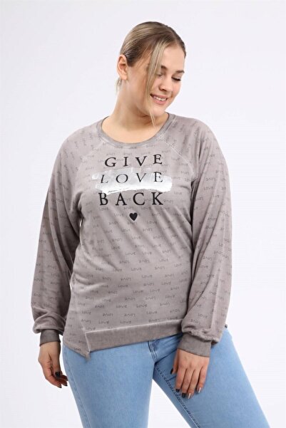 Seamoda Hanorac cu mâneci raglan cu imprimeu Love, spălat cu ulei, antracit deschis