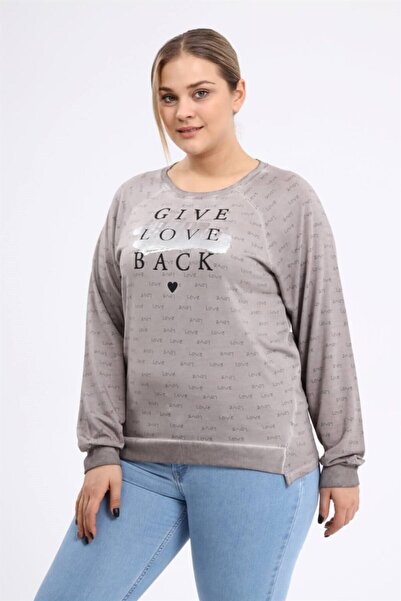 Seamoda Hanorac cu mâneci raglan cu imprimeu Love, spălat cu ulei, antracit deschis