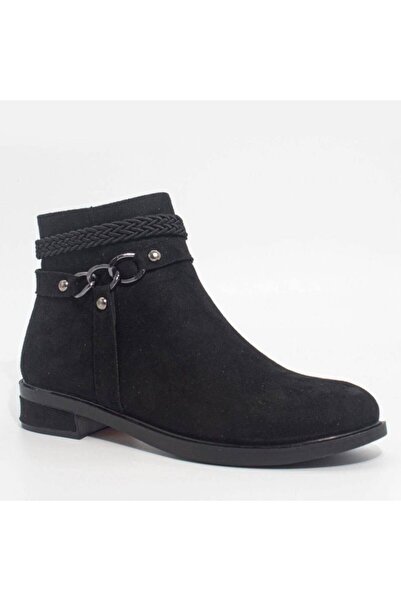 DUYGUSHOESBAG Kadın Siyah Süet Fermuarlı Zincir Aksesuarlı Kısa Bot