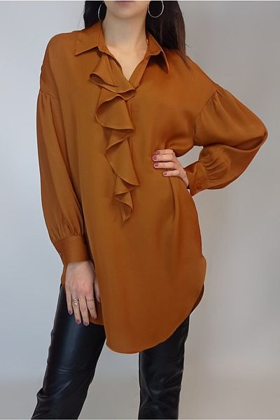 OYYA Women's Camel Flounced Collar Satin Blouse Tunic Yy100964