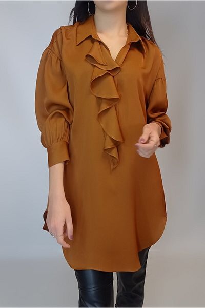 OYYA Women's Camel Flounced Collar Satin Blouse Tunic Yy100964
