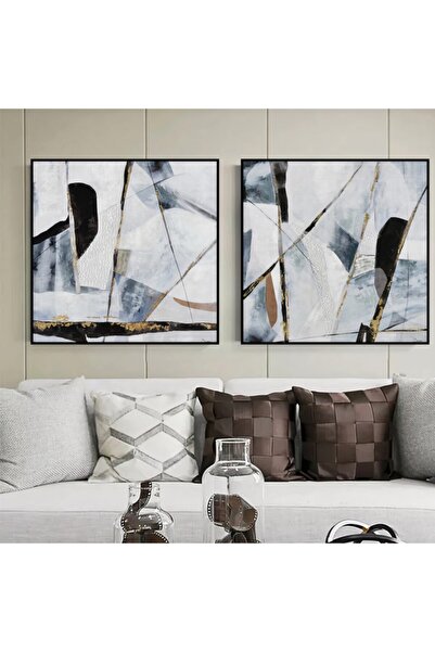 Markazip Siyah Metal Çerçeveli 70x70cm Ikili Gri Gold Soyut Kanvas Tablo Lk478-s