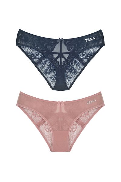 Zena Set de 2 chiloți bikini damă din dantelă cu tul față și detaliu frânghie în mijlocul spatelui