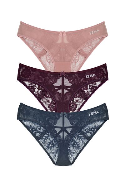 Zena 3-Piece Lace Women's Bikini Panties with Tulle on the Front and Rope Detail in the Back