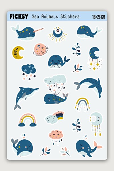 Ficksy Sevimli Deniz Canlıları Sticker Seti - 23 Adet Balık Balina Yunus Etik...