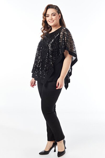 Moda Alba Black Lace Sequin Embroidered Caped Plus Size Stylish Blouse