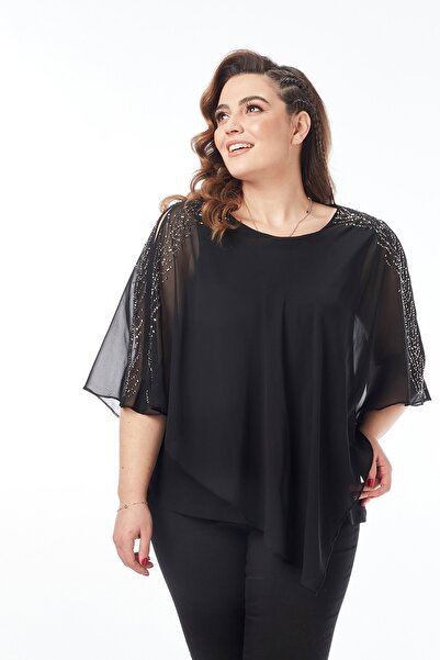 Moda Alba Plus Size Stylish Blouse with Black Shoulder Stone Slits and Chiffon Cape