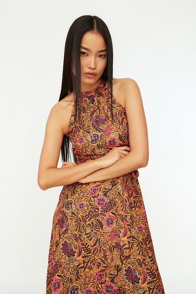 Trendyol Collection Orange Floral Print Belted A-line Halter Neck Sleeveless Midi Lined Woven Dress TWOSS20EL2536