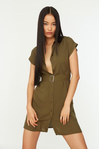 Trendyol Collection Khaki košilové šaty s páskem TWOSS19EL0151