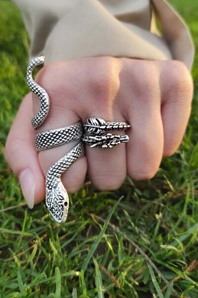 TREND COLLECTİON Gümüş Kaplama Ayarlanabilir Yılan-ejderha Unisex Yüzük Set