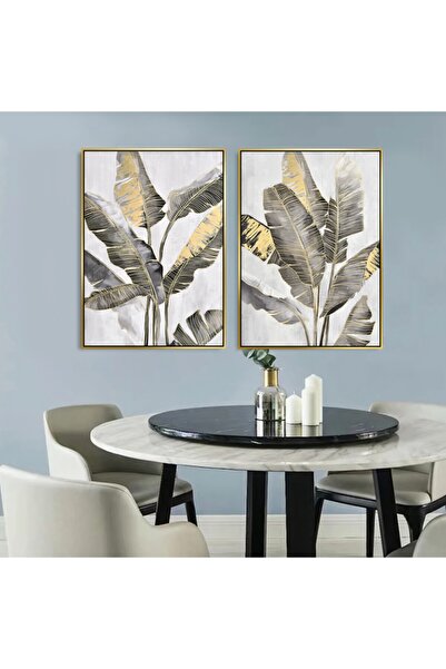 Markazip Altın Metal Çerçeveli 50x70cm Ikili Vizon Gold Yapraklar Kanvas Tablo Lk479-a