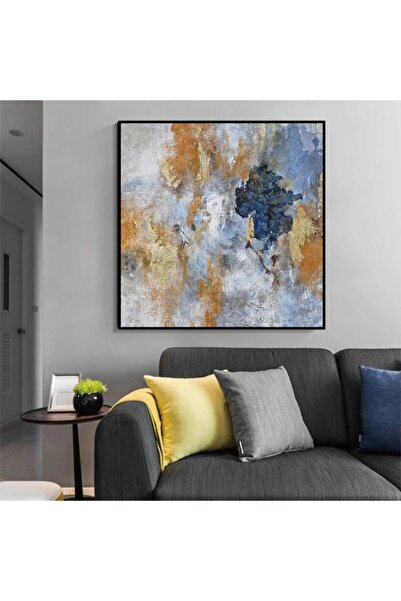 Markazip Siyah Metal Çerçeveli Turuncu Mavi Soyut Kanvas Tablo 90x90cm Kod: Lk490-s