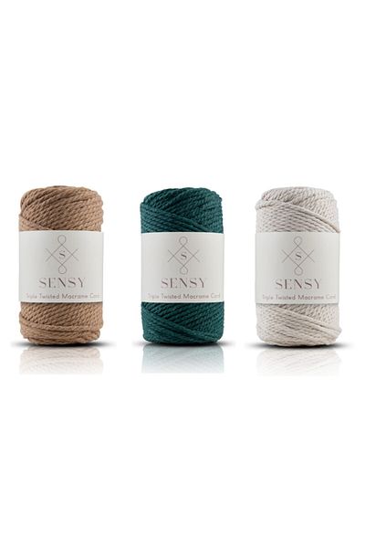 SENSY Premium 3 Twist Macrame Rope 3mm Three Twist Scanned Rope Thread Set of 3 Milk Coffee-nafti Green-ecru