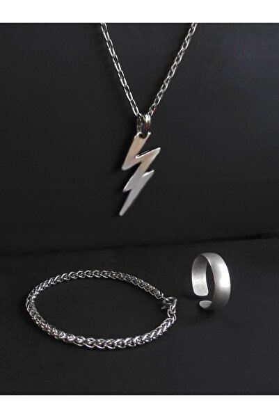 The Collection Alyans Model Ayarlanabilir Gümüş Yüzük Bileklik Ve Şimşek Kolye Set