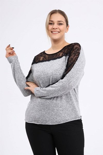 Seamoda Pulover confortabil de mărime mare, moale, cu detaliu de broderie din dantelă pe umăr - gri