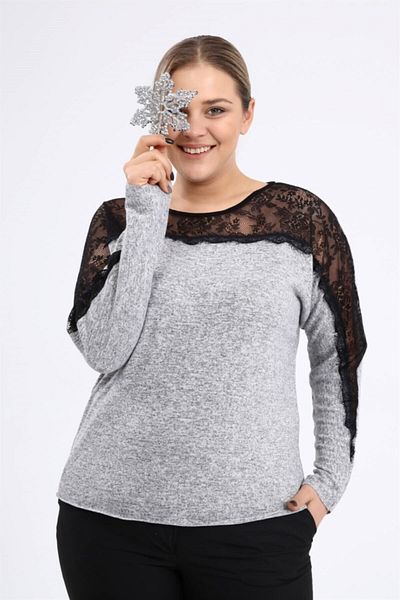 Seamoda Pulover confortabil de mărime mare, moale, cu detaliu de broderie din dantelă pe umăr - gri