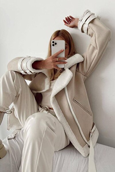 ARZU KAP Bej Biker Kürklü Teddy Kaban