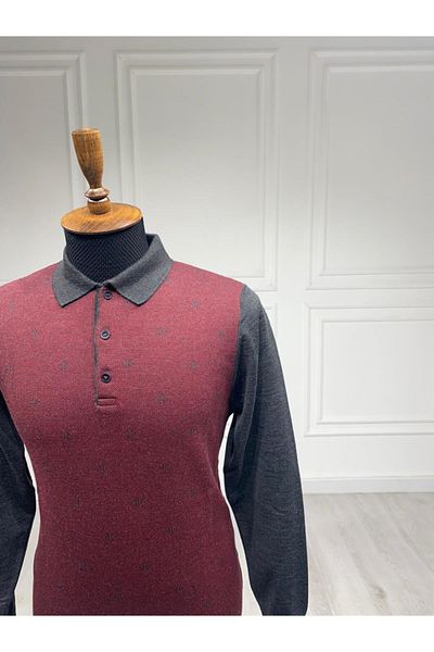 CCS Sarar Polo Collar Patterned Anthracite Knitwear Sweater