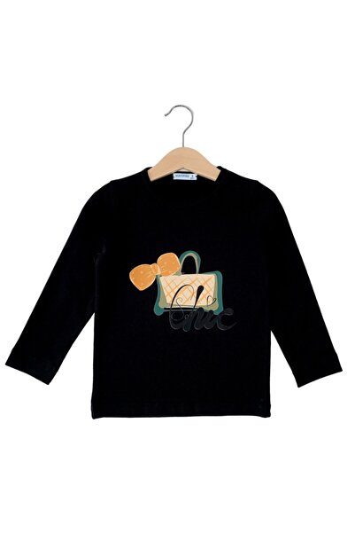 Mavipink - Devojčica, crna šik majica sa printom, pamučna, dugih rukava