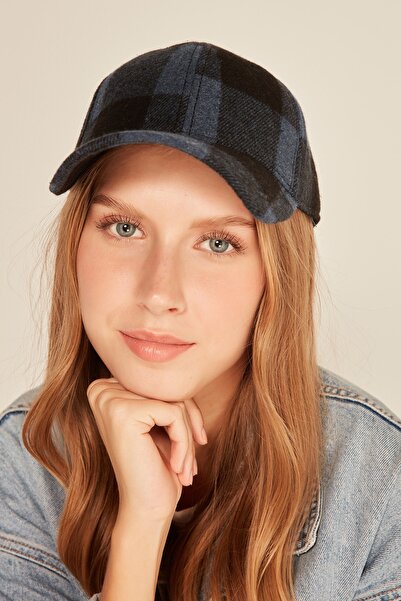 MARBERRY Унісекс темно-синя картата вовняна кепка