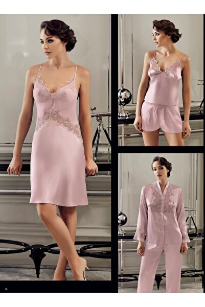 PERİN Saten Pijamalı Altılı Çeyizlik Takım -pudra- 9300