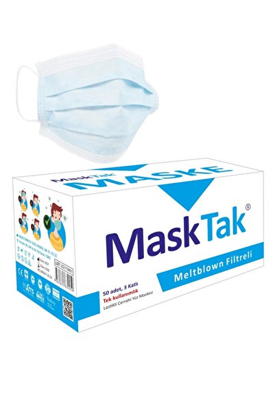 masktak 3 Katlı Telli Cerrahi Maske, Meltblown Filtreli, Buz Mavisi Renkli, 5...