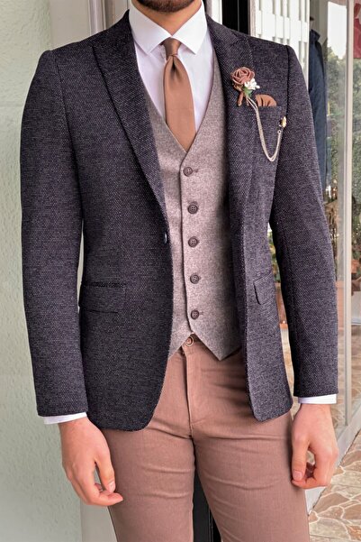 NAZEF Slim Fit Knitted Navy Blue Jacket