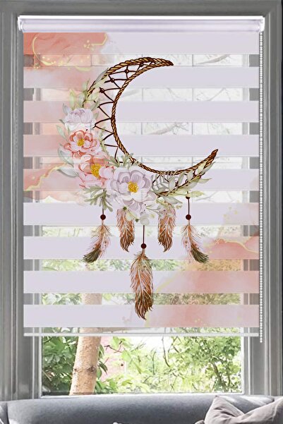 Lotus Çiçekli Ayda Tüyler Desenli Zebra Perde-oturma Odası-mutfak-salon-bohemay