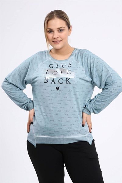Seamoda Love Printed Raglan Sleeve Oil Wash Sweat - Light Blue