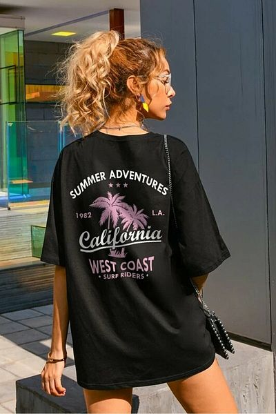 DEEPSENCE Women's Oversize T-shirt California Palm Back Print Black