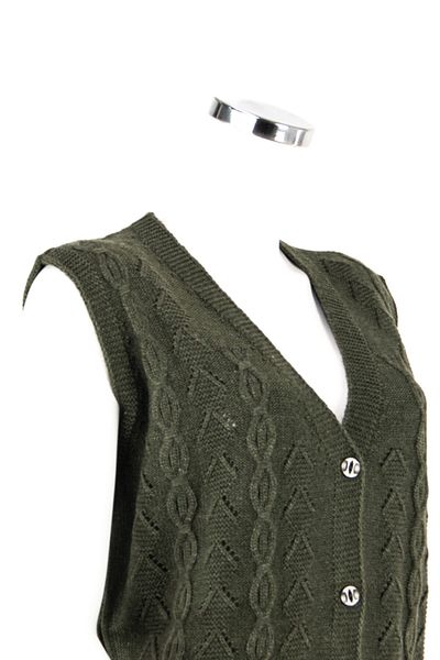 Oppland Women's Green Winter Three-Button Front Pocket Knitted Model Regular Cut Woolen Woven Mother's Vest