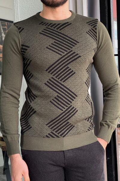 NAZEF Slim-Fit Patterned Crew Neck Khaki Color Knitwear Sweater