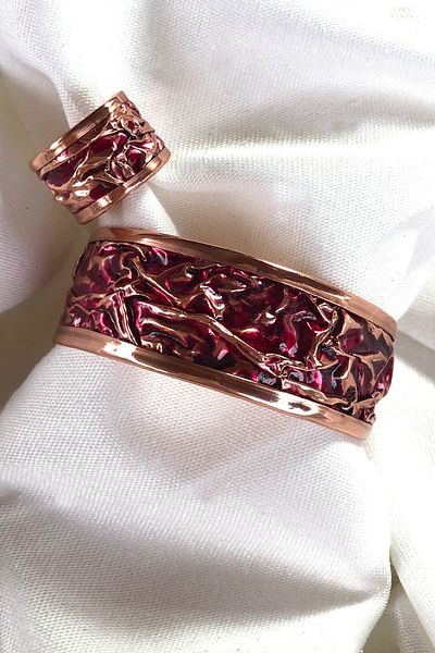 Miray hediyelik Copper Handcrafted Claret Red Enamel Clamp & Ring Set