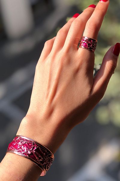 Miray hediyelik Copper Handcrafted Claret Red Enamel Clamp & Ring Set