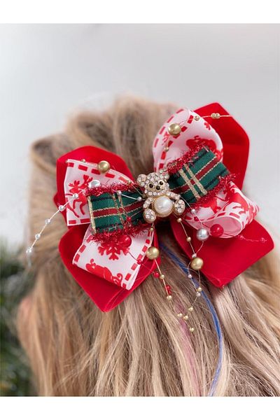 QUEEN AKSESUAR Luxury Special Design Red Velvet Bow Metal Teddy Bear with Brooch Pearl Adult Children's Buckle Clip Buckle