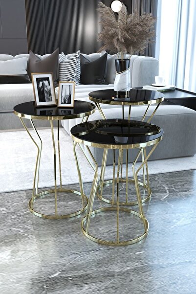 Puklife Kum Saati 3'lü Zigon Sehpa Takımı Gold Ayak - Siyah Ayna