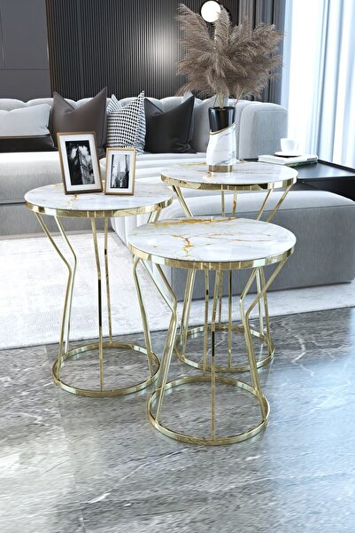 Puklife Kum Saati 3'lü Zigon Sehpa Takımı Gold Ayak - Temperli Cam