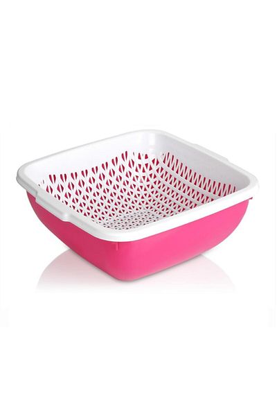 Melkan Home Multi-Purpose Strainer 4 Liter Strainer Bowl Strainer + Square Bowl 4 Liter Set of Two Pink