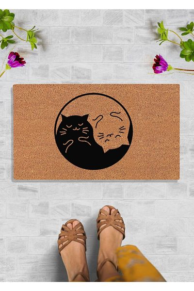 DefLife Home Yin Yang Door Front Koko Mat with Cat