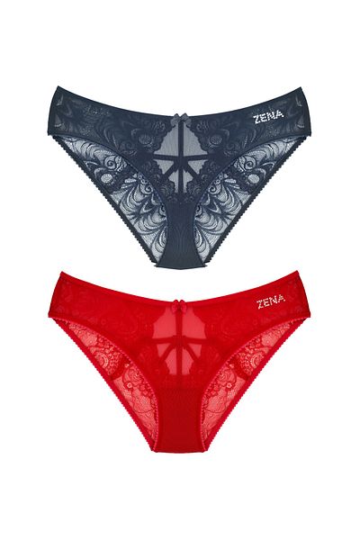 Zena Set de 2 chiloți bikini damă din dantelă cu tul față și detaliu frânghie în mijlocul spatelui