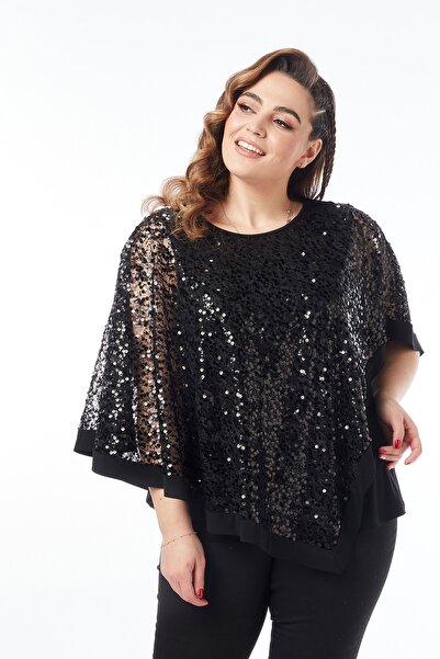 Moda Alba Black Lace Sequin Embroidered Caped Plus Size Stylish Blouse