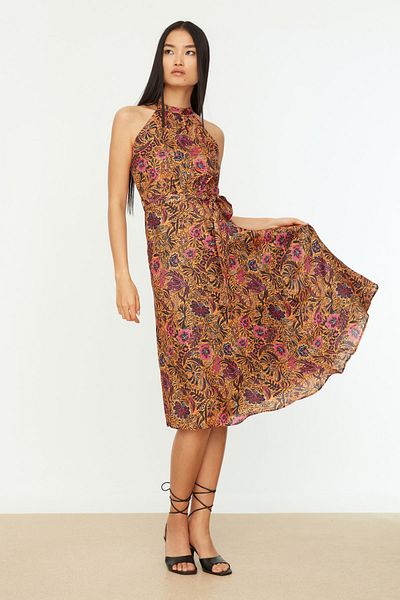 Trendyol Collection Orange Floral Print Belted A-line Halter Neck Sleeveless Midi Lined Woven Dress TWOSS20EL2536